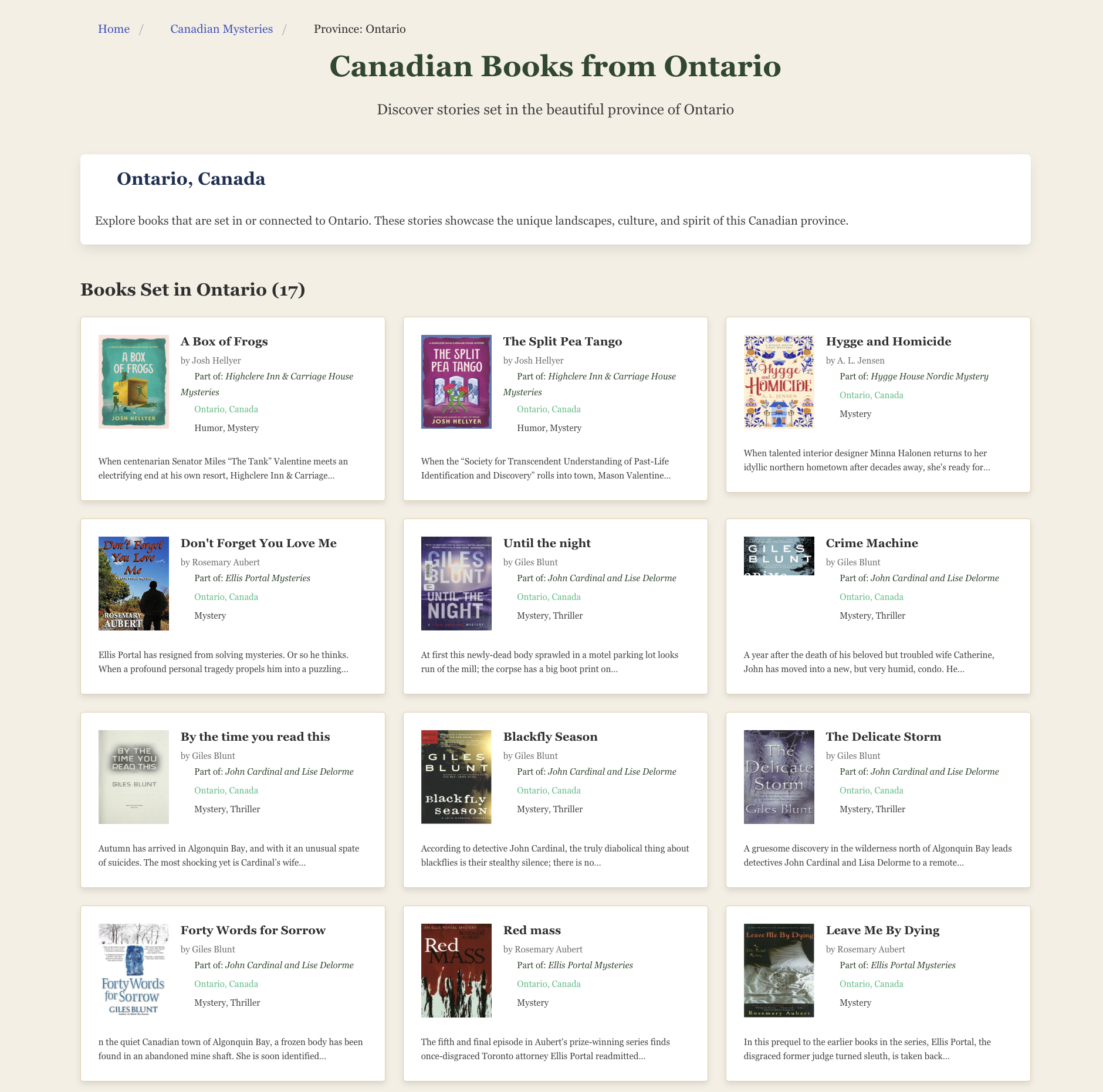 Canadian Mysteries Set in Ontario Screenshot The Great Canadian Mystery Map Project Screenshot