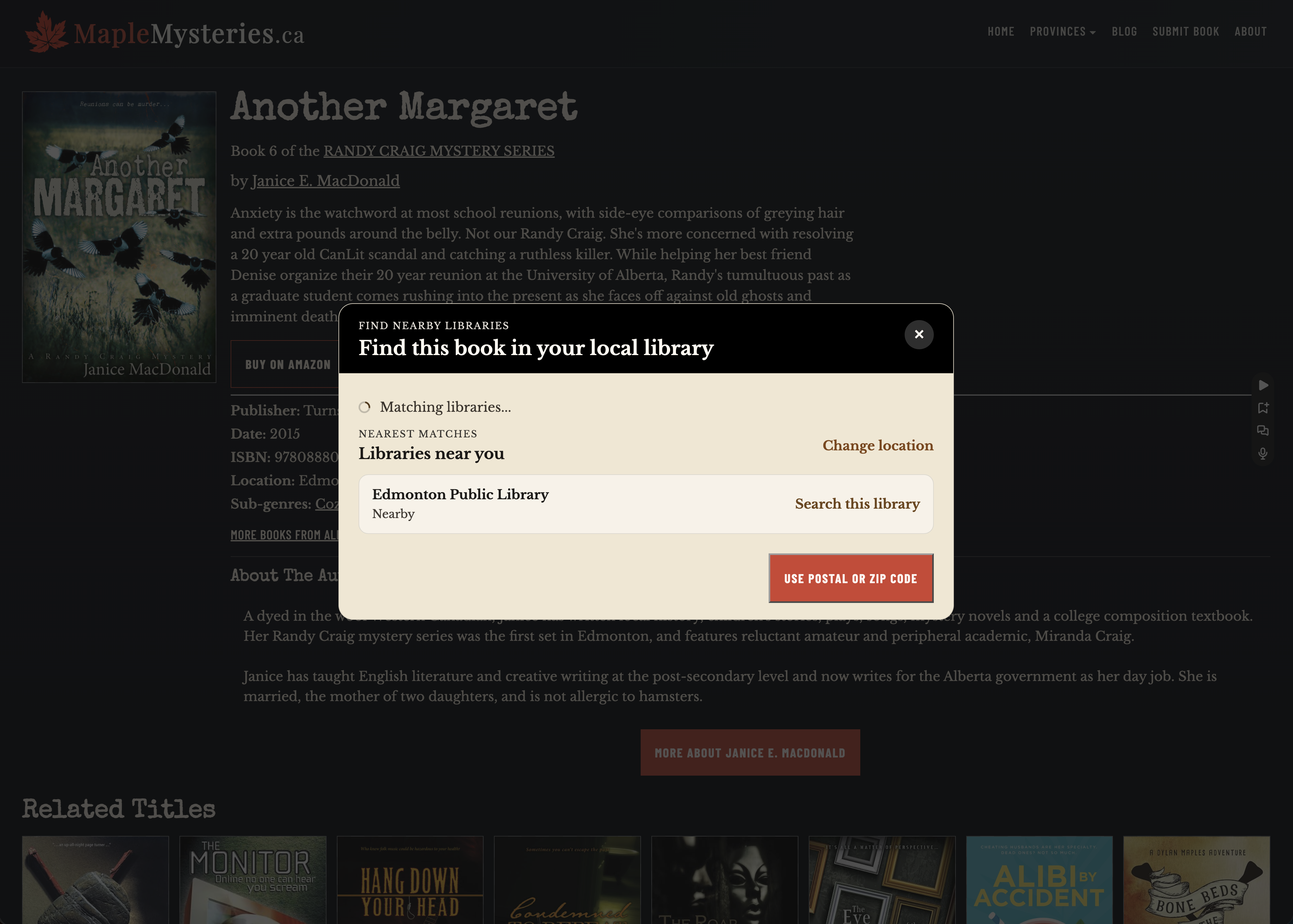 Library geolocate and search Maple Mysteries Project Screenshot