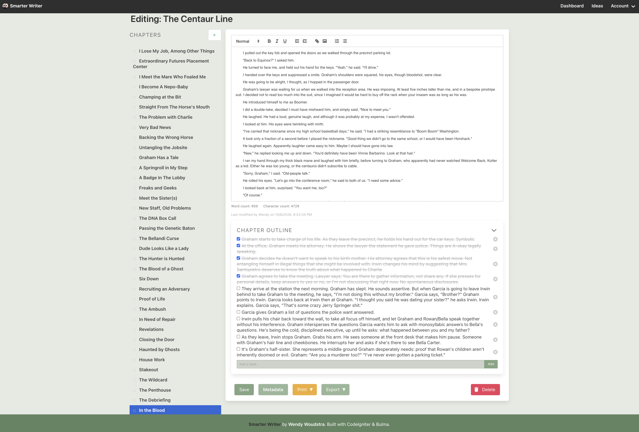 chapter outline added below chapter editing in October 2026 Smarter Writer Project Screenshot