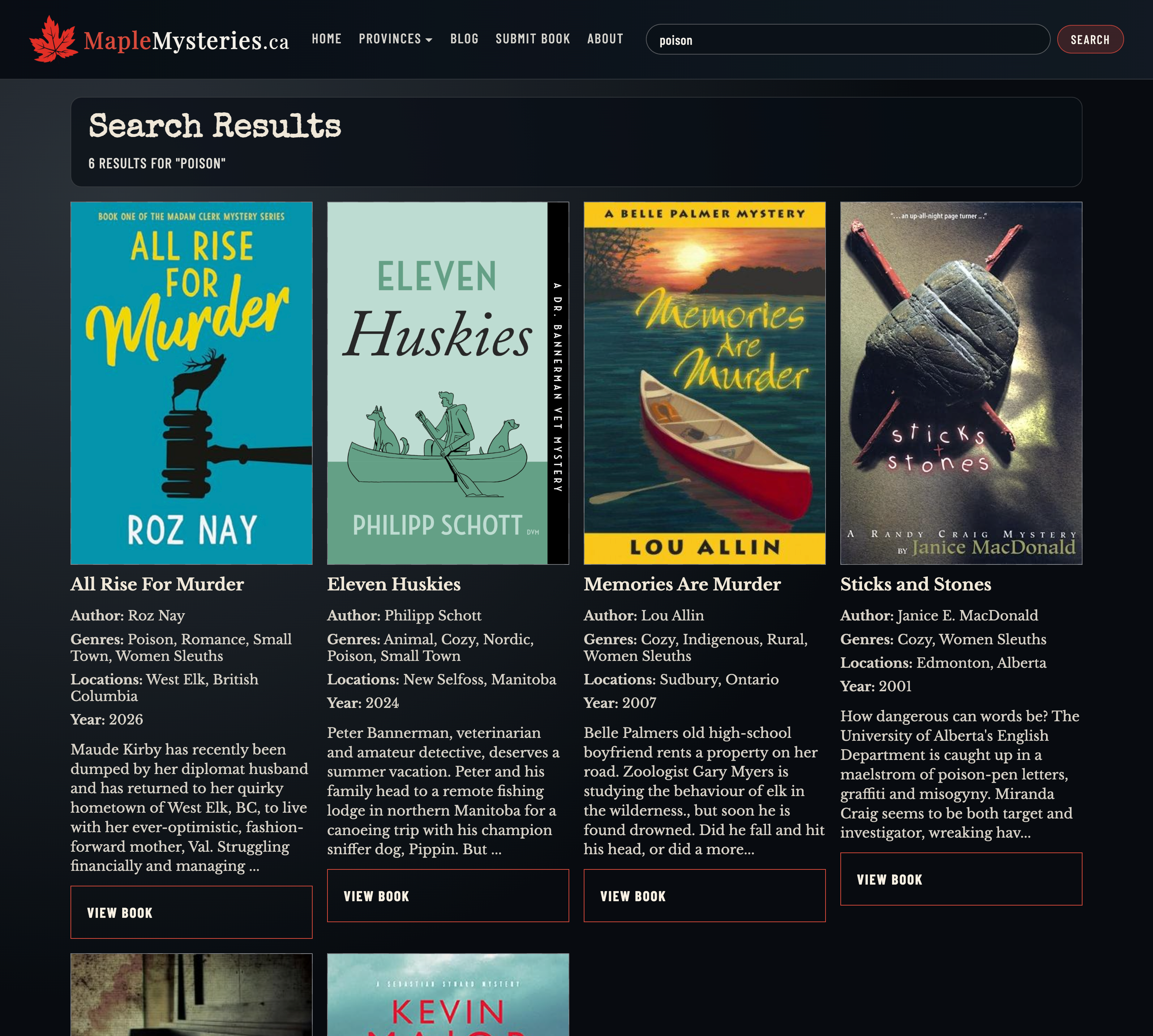 Search results page Maple Mysteries Project Screenshot